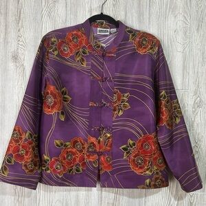 Chicos 100% Silk Vintage Floral Blouse Jacket Plum Purple Size 1 Medium